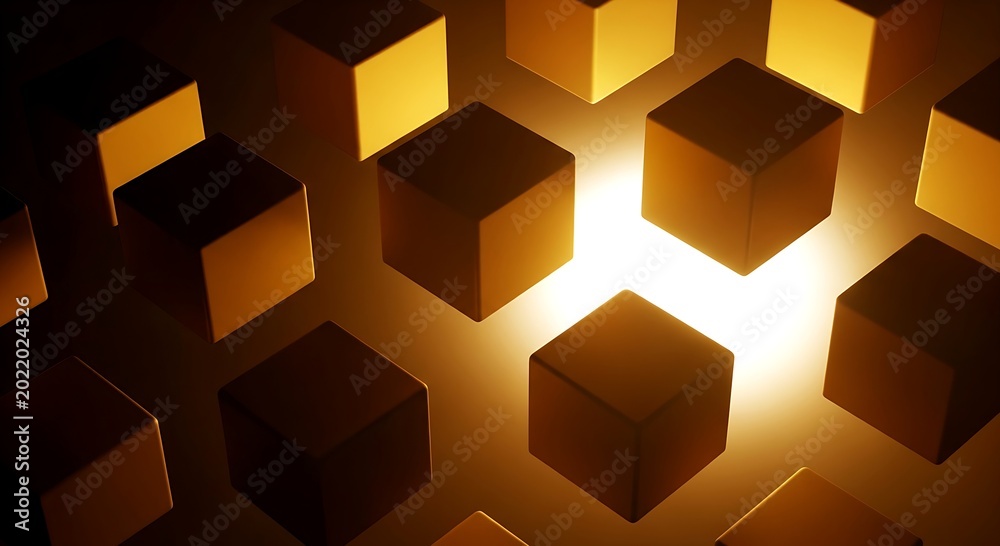 Abstract 3d background with floating golden cubes illuminated by a ...