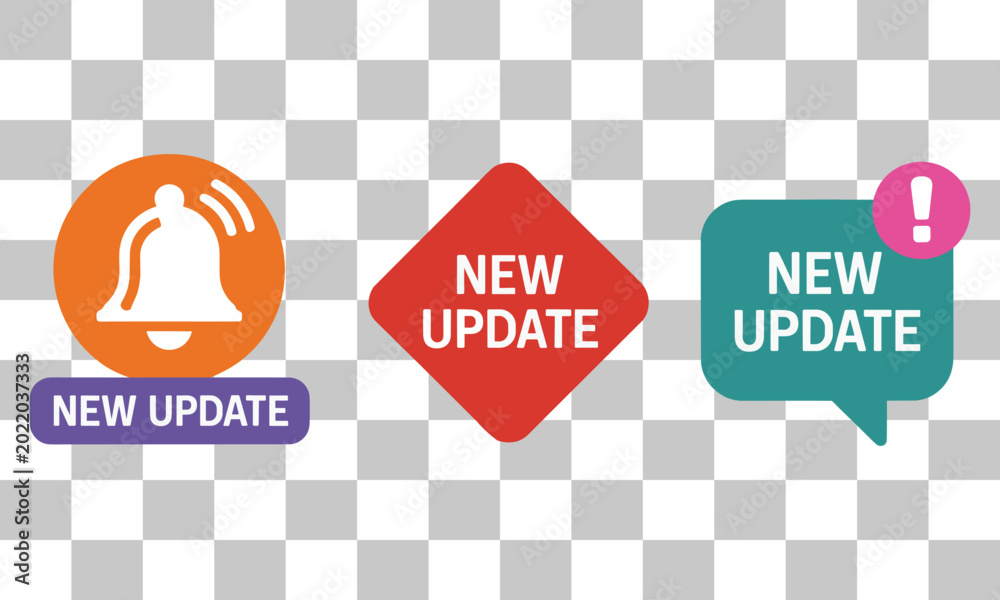 Version Notification Icon Set of three brightly colored new update notification icons featuring a ...