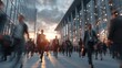 © Generative AI - Blurred motion of diverse business people commuting in a modern city at sunset, symbolizing urban hustle