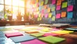 © Rat Art - Bright sunlight streams through a window. Colorful sticky notes cover a cluttered desk