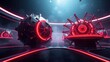 © antishock - Futuristic scene. Spherical machines glow red within dark circular room. Bright lines create perspective, suggesting immense scale.