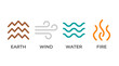 © Dharma - Four colorful flat design icons representing Earth, Wind, Water and Fire elements on a white background with text labels, symbolizing natural balance and elemental concepts for various themes