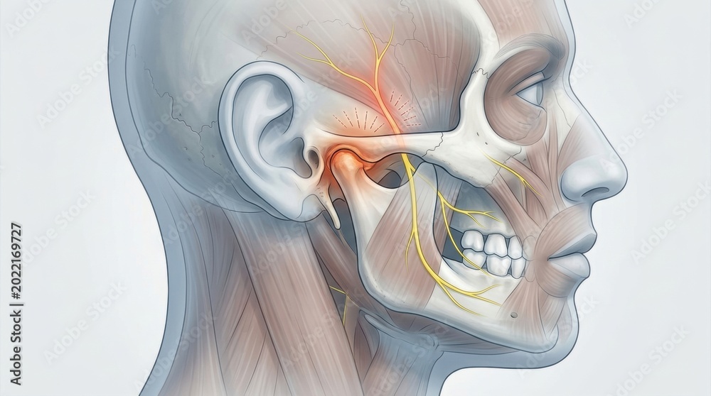 Anatomical illustration of the human jaw joint with highlighted nerves ...