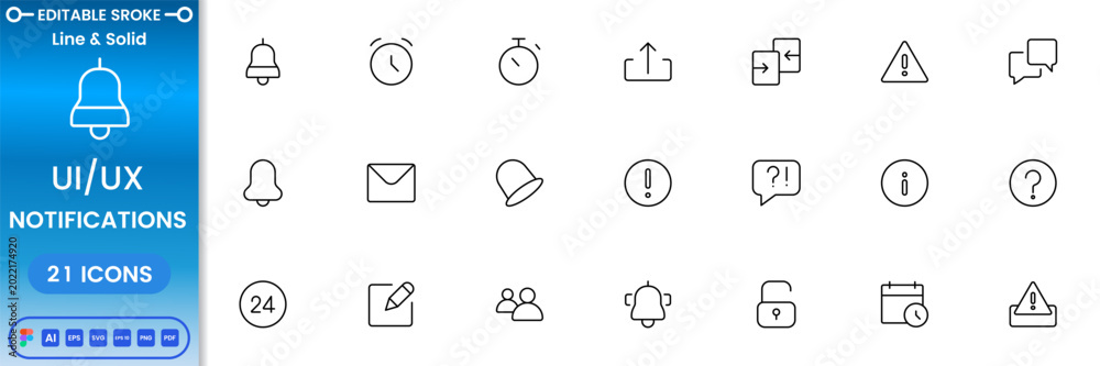 Notification UI UX icon set with alerts, messages, reminders and app ...