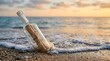 © Riley - Message in a bottle washed ashore on a beach at sunset with ocean waves