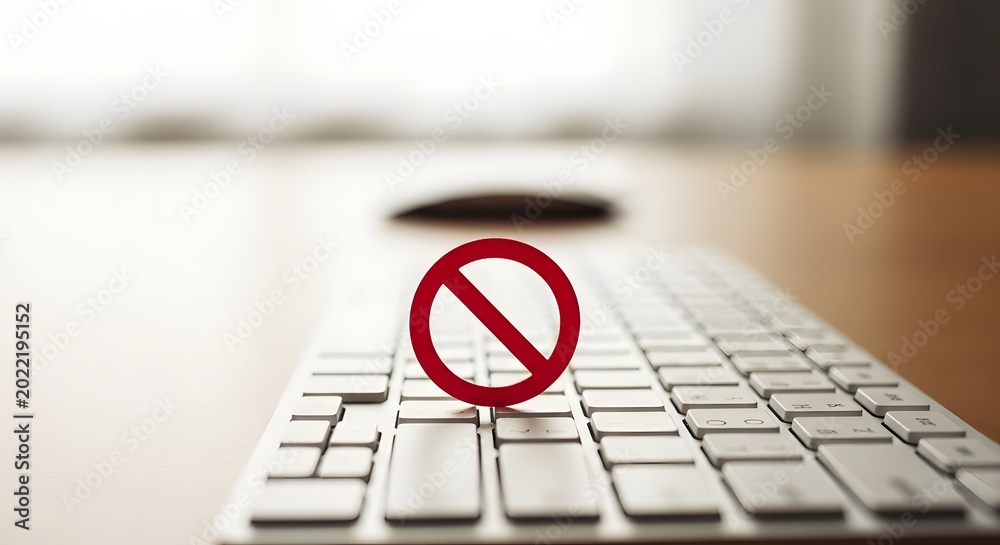 Red prohibited sign on a white computer keyboard representing internet ...