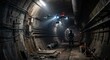 © For You Retouch - An industrial quadcopter drone flies through a dark, narrow underground concrete tunnel, using bright onboard lights to assist an inspection worker
