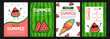 © Lepe PNG - Set of four colorful summer party invitation templates with cute watermelon characters and ice cream illustrations for seasonal tropical holiday events and fun vacation promotions