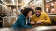 © AspctStyle - Diverse business partners using digital tablet during subway commute. Urban lifestyle, technology and public transportation for professionals.