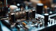 © vectorwin - Circuit board with dense microchips, capacitors and traces in macro view, representing computing power, processing, data networks and advanced electronic technology