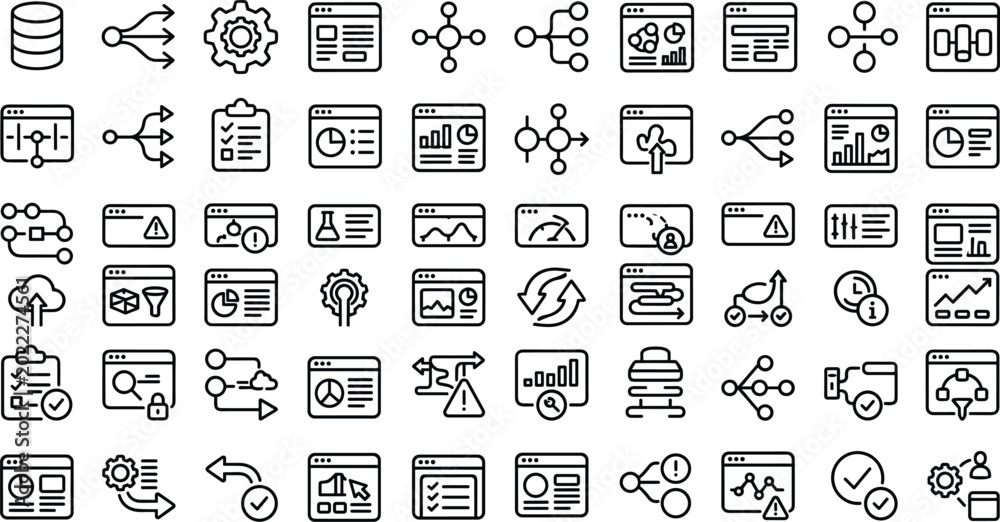 Data workflow analytics outline icon collection with process automation ...