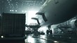 © vectorwin - Large airplane with open cargo doors undergoing freight loading procedures inside a maintenance hangar, preparing for global logistics and air cargo transport