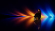 © Rendara Studio - 3D amber blue beam with seated woman and mirror floor