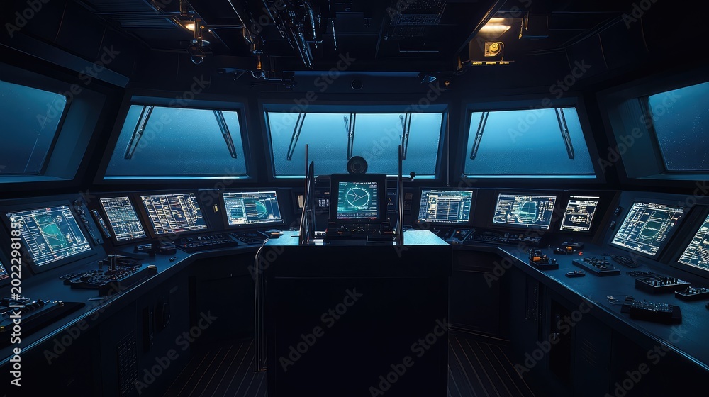 Ship bridge with multiple digital screens and control panels in a dark ...