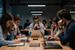 © miss irine - Group of people in office meeting look stressed and tired. Employees work late at night, focused on laptops and papers, showing fatigue and worry. Intense work atmosphere.