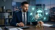 © Nimra - Businessman analyzing health insurance and medical cost savings on digital interface in modern office, healthcare financing, policy planning, financial protection