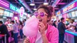 © ChaoticDesignStudio - Teenager eating pink cotton candy in vibrant neon food court. Young woman enjoying sweet snack at shopping mall under colorful lights.