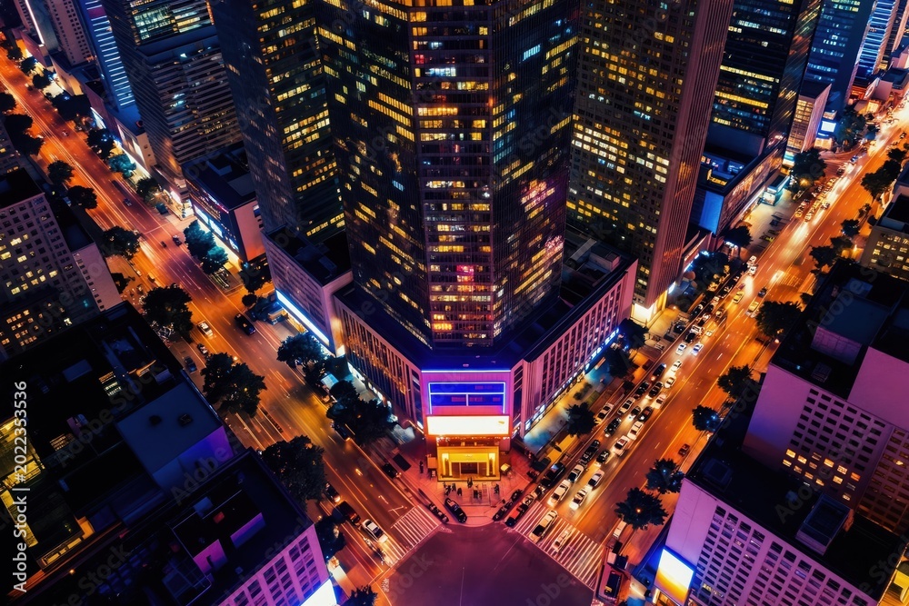 Aerial view of busy city streets at night. Tall buildings with glowing ...