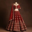 © miss irine - Ornate red Indian bridal lehenga choli with intricate gold embroidery. Full skirt, fitted blouse, and sheer dupatta displayed on mannequin. Elegant traditional wedding attire with rich textile detail.