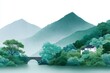 © Emran - houses and bridges in the distance, green mountains next to them, colorful colors, light gray sky, white background