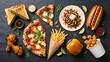 © smart art - A Delicious Assortment of Fast Food Favorites Including Pizza, Burgers, Fries, and Fried Chicken Displayed Top Down