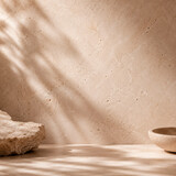 Artificial intelligence generated minimal stone platform with warm natural sunlight and soft botanical shadows on textured beige wall. Elegant spa inspired background with organic luxury aesthetic.