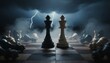 © StasySin - Storm rages above chessboard, lightning splits dark sky. Black and white kings stand poised, facing each other. Pieces lie scattered, defeated, on wet, reflective squares