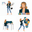 © Kiko - Business Woman Professional Activity Set: Multitasking, Video Conferencing, Software Development, and Creative Problem Solving Illustrations
