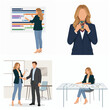 © Kiko - Professional Businesswoman Vector Illustration Set: Office Work, Project Planning, Deal Closing, and Blueprint Review