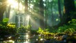 © Gomastudio - 深い森の木漏れ日に照らされた満水グラスを煽り撮影した透明感ある自然写真