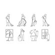 © Ariful IBS - Line drawing of people performing various household cleaning tasks isolated