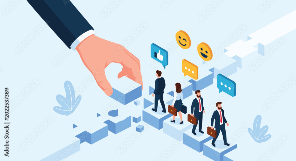 Giant hand placing blocks to create a career path for business people ...