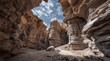 © dK - Low-angle view up through a narrow sunlit slot canyon with layered sandstone walls and blue sky
