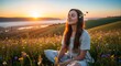 © Perfect Art - A beautiful young fashion model with natural hair smiles with joy and freedom while sitting in a green summer meadow field under a blue sunset sky