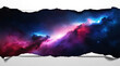 © Maowa Graphics - Wide galaxy torn paper background with cosmic nebula and glowing space effect isolated on white for futuristic design.