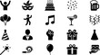 © Himu  - Party and Celebration Black Silhouette Icon Set Featuring Birthday Cake Balloons Cocktail Music and Gift Elements for Event Invitation Mobile App and Website Design