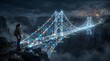 © NAHID - Young professional woman looking at glowing digital bridge connecting mountains toward distant city representing career milestones success courage creativity and strategic path to future goals.