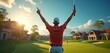 © Viktor - Golfer raises arms in triumph on green course. Sun shines bright, luxurious houses nearby. Male athlete celebrates golf victory, pure happiness and achievement in his stance.