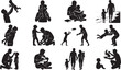 © Shammi - Set of black silhouettes showing a father and child in various daily activities like playing together hugging reading and walking in the park isolated on white background, Vector, illustration