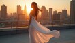 © Viktor - Woman in white dress on rooftop overlooking city at sunset. Golden hour light warms the scene. She stands calmly, wind blowing dress. Elegant atmosphere with urban skyline.