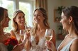 © Viktor - Bride and bridesmaids toast champagne glasses. Women friends celebrate wedding day in casual attire. Laughter and smiles shared during preparation for ceremony. Happy group celebrates togetherness.