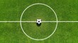 © Marjahan - Soccer ball on the center spot of a green grass football field, aerial view top view of a football placed in the middle of the center circle on a professional soccer pitch