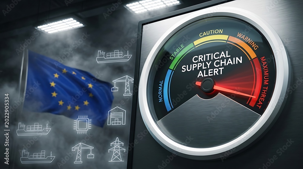 European flag waves beside a critical supply chain alert meter in a ...