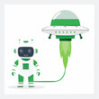 © nurhidayat - Cute Robot Connected to a Flying Saucer with Green Rocket Exhaust