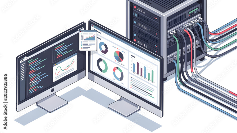 dual monitor computer setup with data analytics charts and server ...