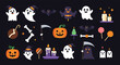 © Kayom - Fun collection of halloween icons includes spooky ghosts, carved pumpkins, bats, candles, and candy for holiday celebrations.