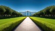 © buraratn - Lush Green Lawn Pathway Leading to Modern Architectural Building Surrounded by Neatly Trimmed Trees Under Clear Blue Sky