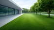 © buraratn - Modern architectural design featuring sleek lines, large glass windows, manicured lawns, green trees, and peaceful outdoor space in a serene environment