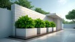 © buraratn - Modern Minimalist Garden Design with Lush Green Foliage in Large Planters Against a Contemporary Architectural Backdrop