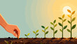 © beerman - Hand plants tiny seed into soil. Sun rises behind row of young green sprouts. Growth journey begins from fragile beginnings. Hopeful, quiet, and full of promise. Perfect for stories of renewal